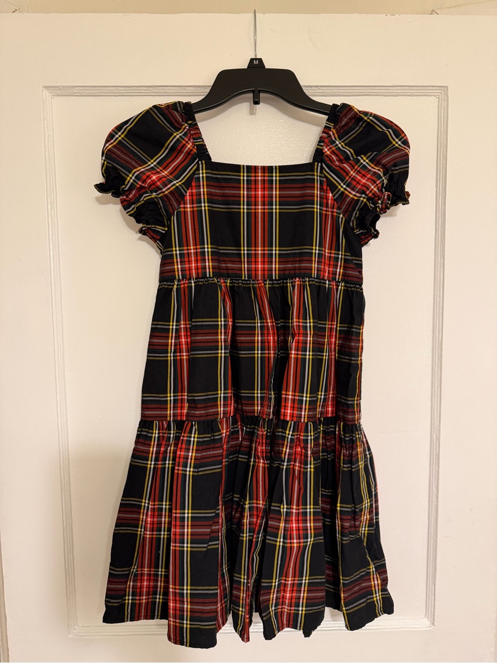 Crewcuts Black and Red Plaid Puff-Sleeve Tiered Dress